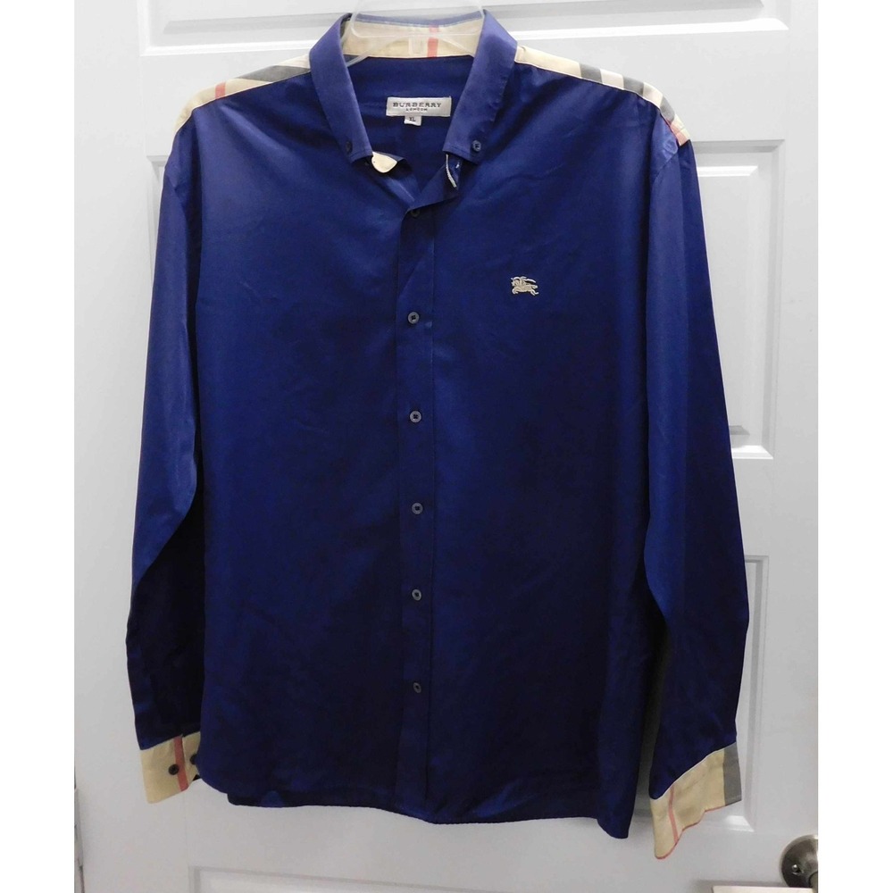 Burberry London Men's Navy Blue Long Sleeve Shirt‎ Button Up Nova Plaid sz XL